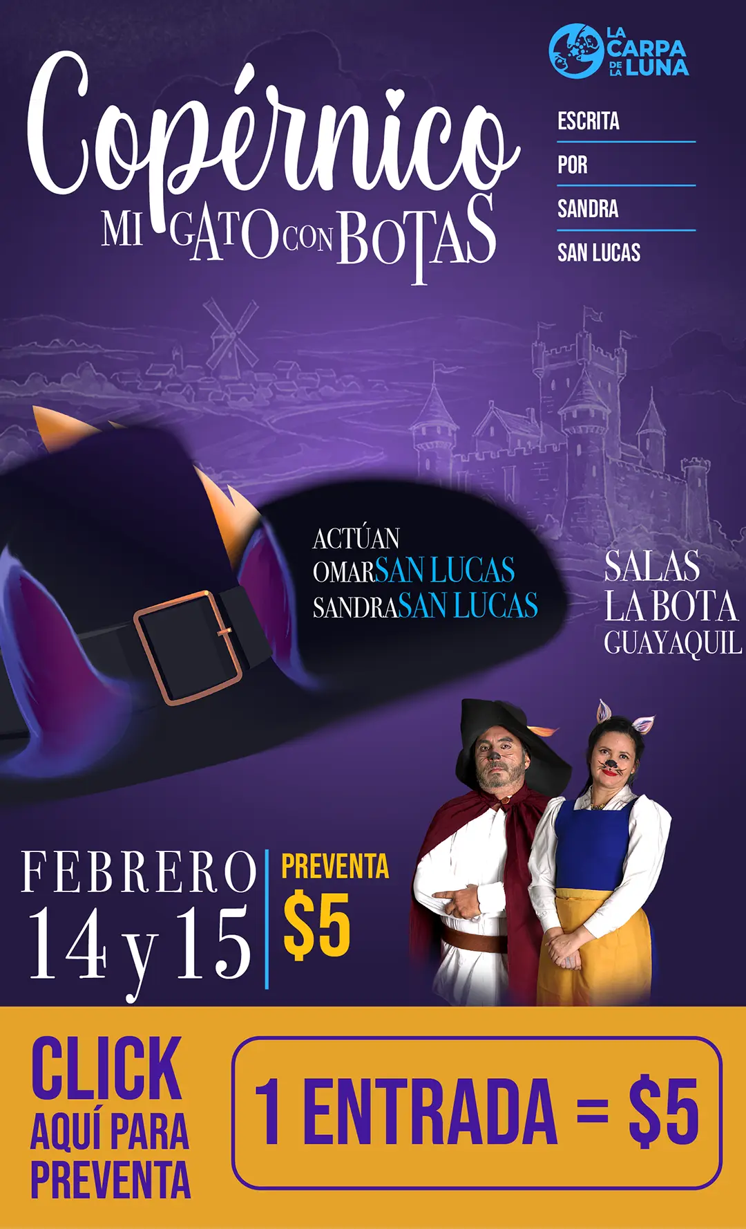 Imagen de poster de obra teatral en la ciudad de Guayaquil, obra Copérnico, el gato con botas, producido por La Carpa de la luna y presentando en Salas La Bota, en febrero del 2026, en Guayaquil, Ecuador.